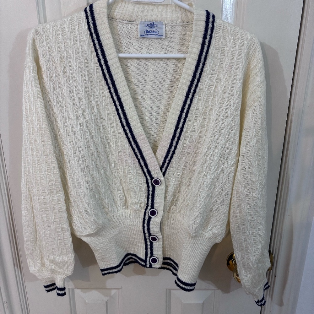 Vintage 90s women's cardigan with blue and gold detail